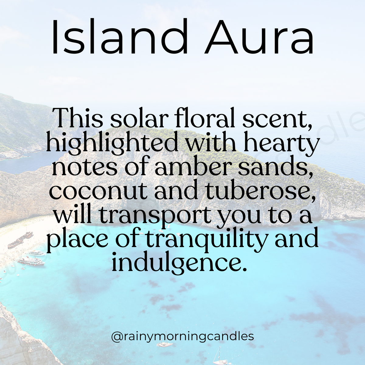 Advertisement for 'Island Aura' with a scenic background of a tropical island and ocean.